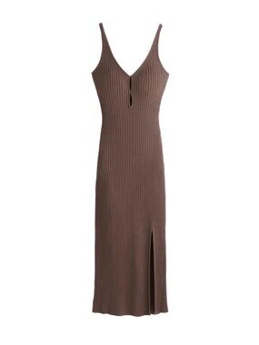 Abercrombie & Fitch Brown Ribbed Midi Slip Dress with Front Slit